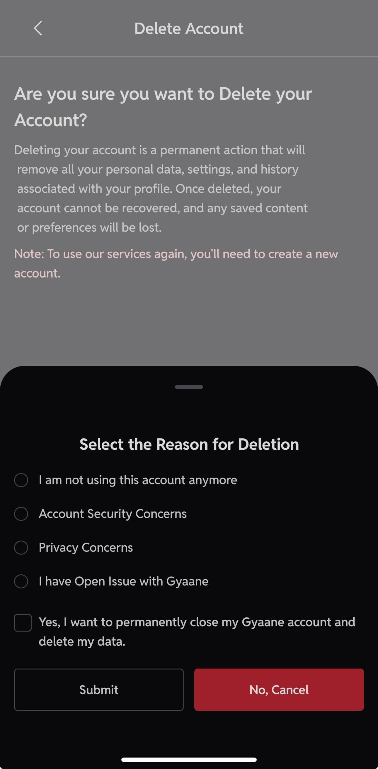 Reason Selection and Submit